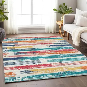 3' X 5' Ivory Teal Blue Orange And Red Striped Washable Indoor Outdoor Area Rug