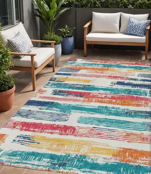 5' X 8' Ivory Teal Blue Orange And Red Striped Washable Indoor Outdoor Area Rug