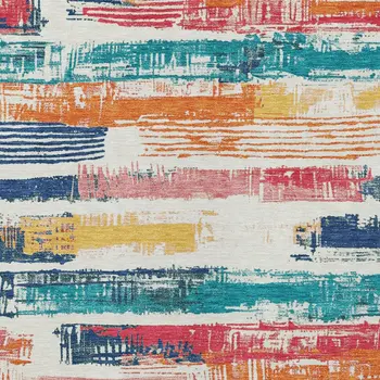 5' X 8' Ivory Teal Blue Orange And Red Striped Washable Indoor Outdoor Area Rug