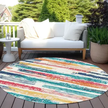 8' Ivory Teal Blue Orange And Red Round Striped Washable Indoor Outdoor Area Rug