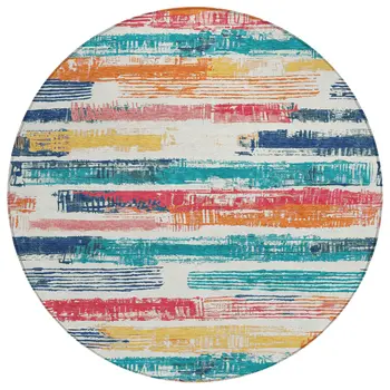 8' Ivory Teal Blue Orange And Red Round Striped Washable Indoor Outdoor Area Rug