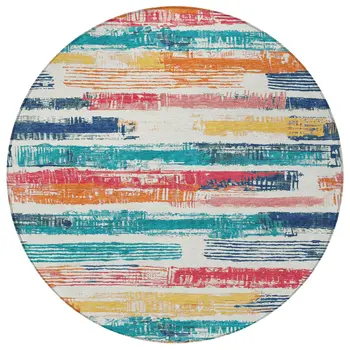 8' Ivory Teal Blue Orange And Red Round Striped Washable Indoor Outdoor Area Rug