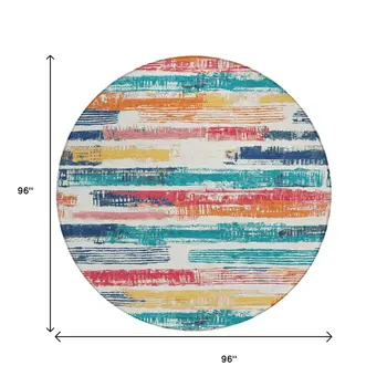 8' Ivory Teal Blue Orange And Red Round Striped Washable Indoor Outdoor Area Rug