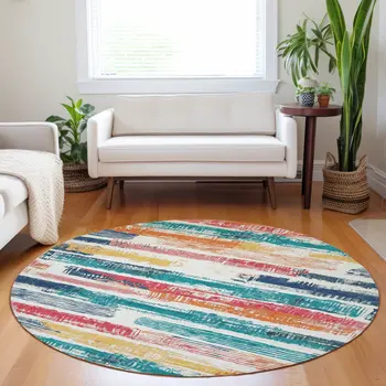 8' Ivory Teal Blue Orange And Red Round Striped Washable Indoor Outdoor Area Rug