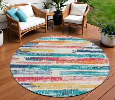 8' Ivory Teal Blue Orange And Red Round Striped Washable Indoor Outdoor Area Rug