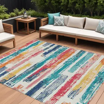 9' X 12' Ivory Teal Blue Orange And Red Striped Washable Indoor Outdoor Area Rug