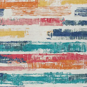 9' X 12' Ivory Teal Blue Orange And Red Striped Washable Indoor Outdoor Area Rug