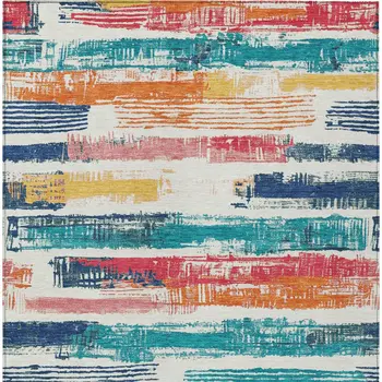 10' X 14' Ivory Teal Blue Orange And Red Striped Washable Indoor Outdoor Area Rug