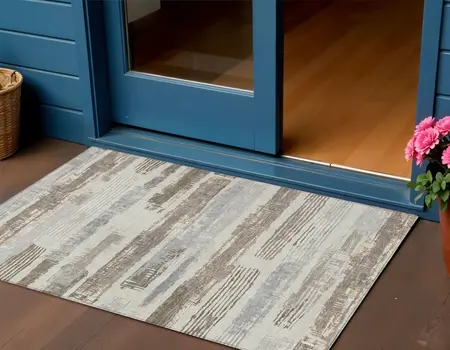 3' X 5' Linen Taupe And Ivory Striped Washable Indoor Outdoor Area Rug