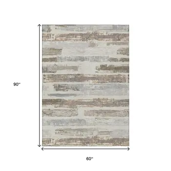 5' X 8' Linen Taupe And Ivory Striped Washable Indoor Outdoor Area Rug