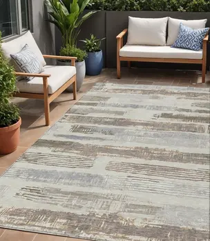 5' X 8' Linen Taupe And Ivory Striped Washable Indoor Outdoor Area Rug