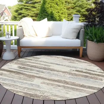 8' Linen Taupe And Ivory Round Striped Washable Indoor Outdoor Area Rug