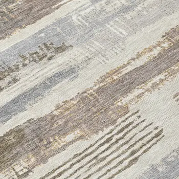 8' Linen Taupe And Ivory Round Striped Washable Indoor Outdoor Area Rug