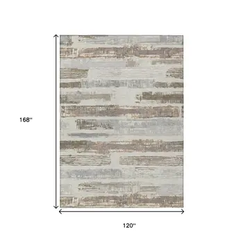 10' X 14' Linen Taupe And Ivory Striped Washable Indoor Outdoor Area Rug