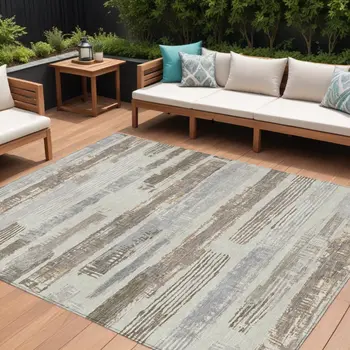 10' X 14' Linen Taupe And Ivory Striped Washable Indoor Outdoor Area Rug