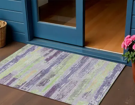 3' X 5' Lavender Purple And Green Striped Washable Indoor Outdoor Area Rug