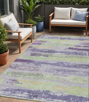 5' X 8' Lavender Purple And Green Striped Washable Indoor Outdoor Area Rug