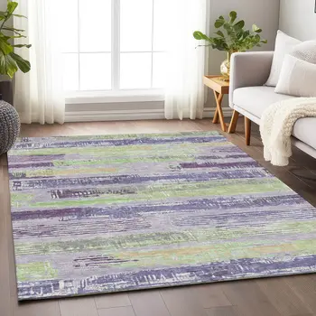 5' X 8' Lavender Purple And Green Striped Washable Indoor Outdoor Area Rug