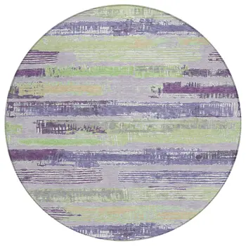 8' Lavender Purple And Green Round Striped Washable Indoor Outdoor Area Rug