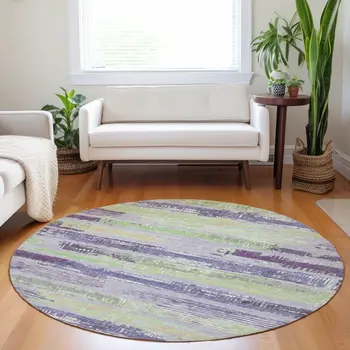 8' Lavender Purple And Green Round Striped Washable Indoor Outdoor Area Rug