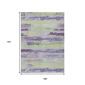 9' X 12' Lavender Purple And Green Striped Washable Indoor Outdoor Area Rug