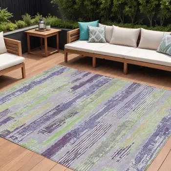 9' X 12' Lavender Purple And Green Striped Washable Indoor Outdoor Area Rug