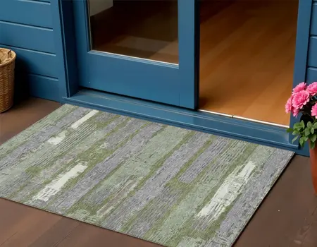 3' X 5' Olive Green Ivory And Blue Striped Washable Indoor Outdoor Area Rug
