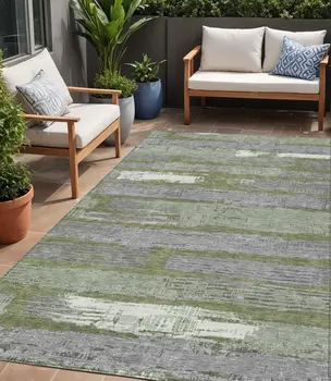 5' X 8' Olive Green Ivory And Blue Striped Washable Indoor Outdoor Area Rug