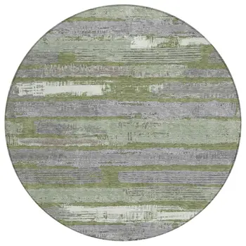 8' Olive Green Ivory And Blue Round Striped Washable Indoor Outdoor Area Rug
