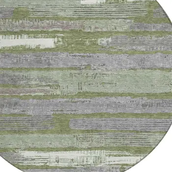8' Olive Green Ivory And Blue Round Striped Washable Indoor Outdoor Area Rug