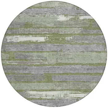 8' Olive Green Ivory And Blue Round Striped Washable Indoor Outdoor Area Rug
