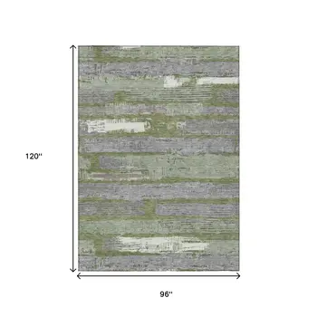 8' X 10' Olive Green Ivory And Blue Striped Washable Indoor Outdoor Area Rug