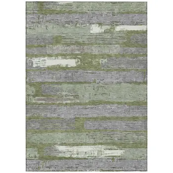 8' X 10' Olive Green Ivory And Blue Striped Washable Indoor Outdoor Area Rug