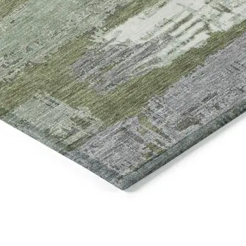 8' X 10' Olive Green Ivory And Blue Striped Washable Indoor Outdoor Area Rug
