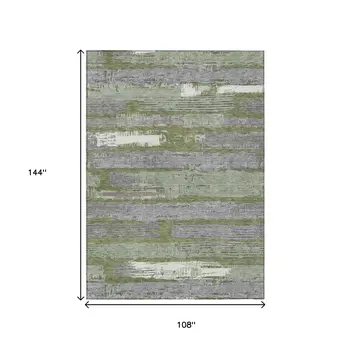 9' X 12' Olive Green Ivory And Blue Striped Washable Indoor Outdoor Area Rug