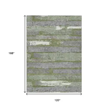 10' X 14' Olive Green Ivory And Blue Striped Washable Indoor Outdoor Area Rug