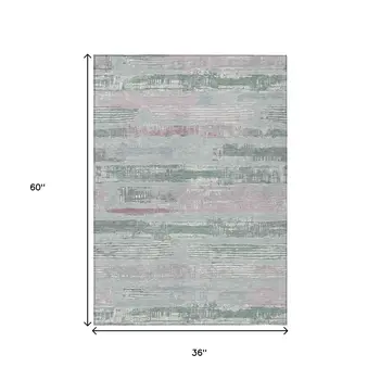 3' X 5' Pale Aqua Mauve And Blush Striped Washable Indoor Outdoor Area Rug