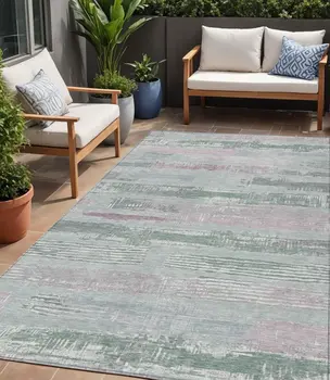 5' X 8' Pale Aqua Mauve And Blush Striped Washable Indoor Outdoor Area Rug