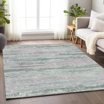 5' X 8' Pale Aqua Mauve And Blush Striped Washable Indoor Outdoor Area Rug