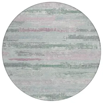 8' Pale Aqua Mauve And Blush Round Striped Washable Indoor Outdoor Area Rug