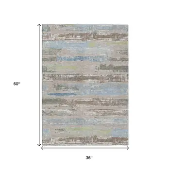 3' X 5' Taupe Blue And Brown Striped Washable Indoor Outdoor Area Rug