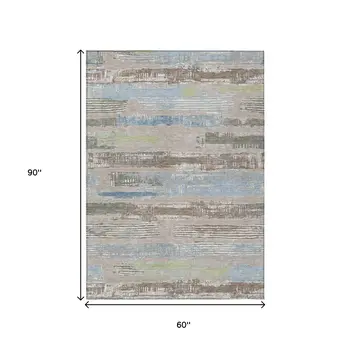 5' X 8' Taupe Blue And Brown Striped Washable Indoor Outdoor Area Rug