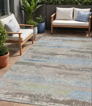5' X 8' Taupe Blue And Brown Striped Washable Indoor Outdoor Area Rug