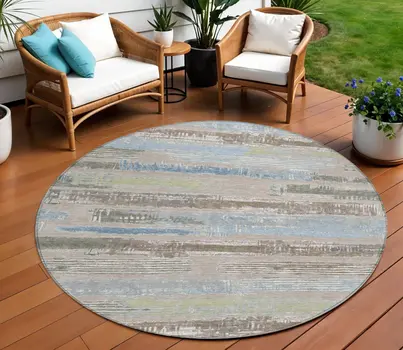 8' Taupe Blue And Brown Round Striped Washable Indoor Outdoor Area Rug