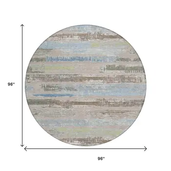 8' Taupe Blue And Brown Round Striped Washable Indoor Outdoor Area Rug