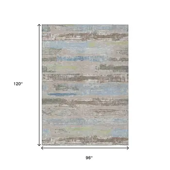8' X 10' Taupe Blue And Brown Striped Washable Indoor Outdoor Area Rug