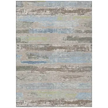 8' X 10' Taupe Blue And Brown Striped Washable Indoor Outdoor Area Rug