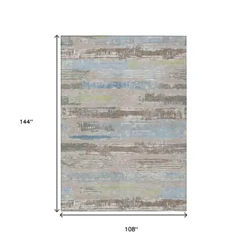 9' X 12' Taupe Blue And Brown Striped Washable Indoor Outdoor Area Rug