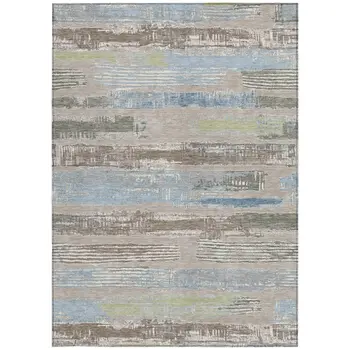9' X 12' Taupe Blue And Brown Striped Washable Indoor Outdoor Area Rug