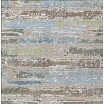 10' X 14' Taupe Blue And Brown Striped Washable Indoor Outdoor Area Rug